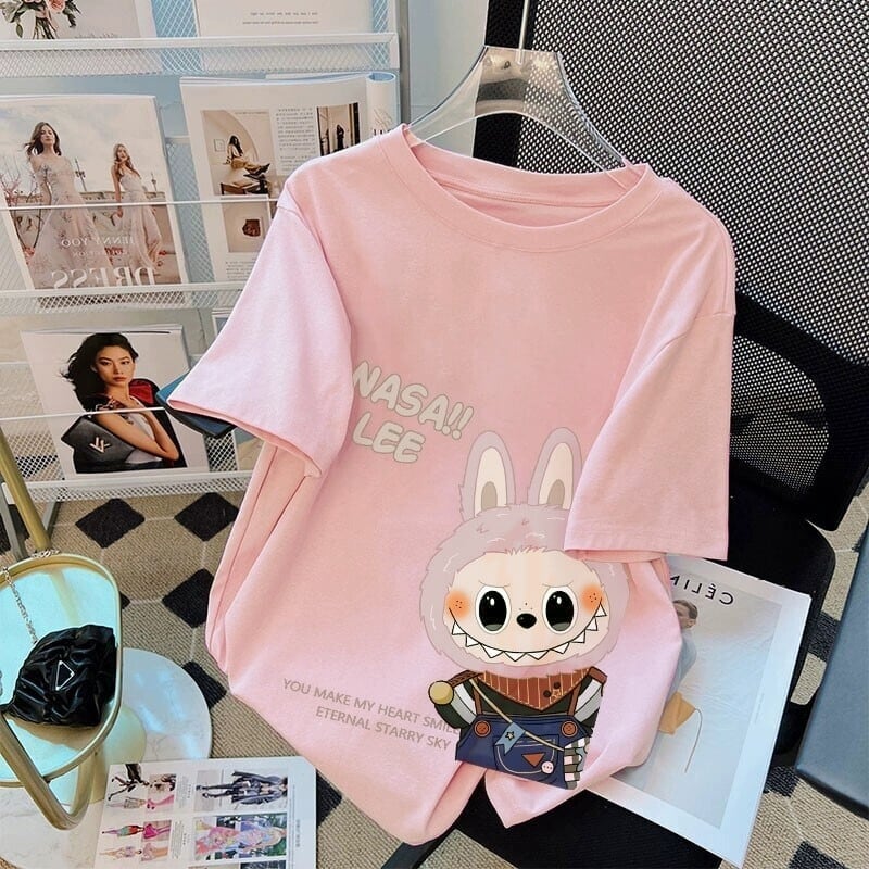 大き顔が可愛い!4色展開 labubu ラブブ Tシャツ 綿100% オーバーサイズ 半袖 男女兼用 ゆったり 着回し最強 トップス