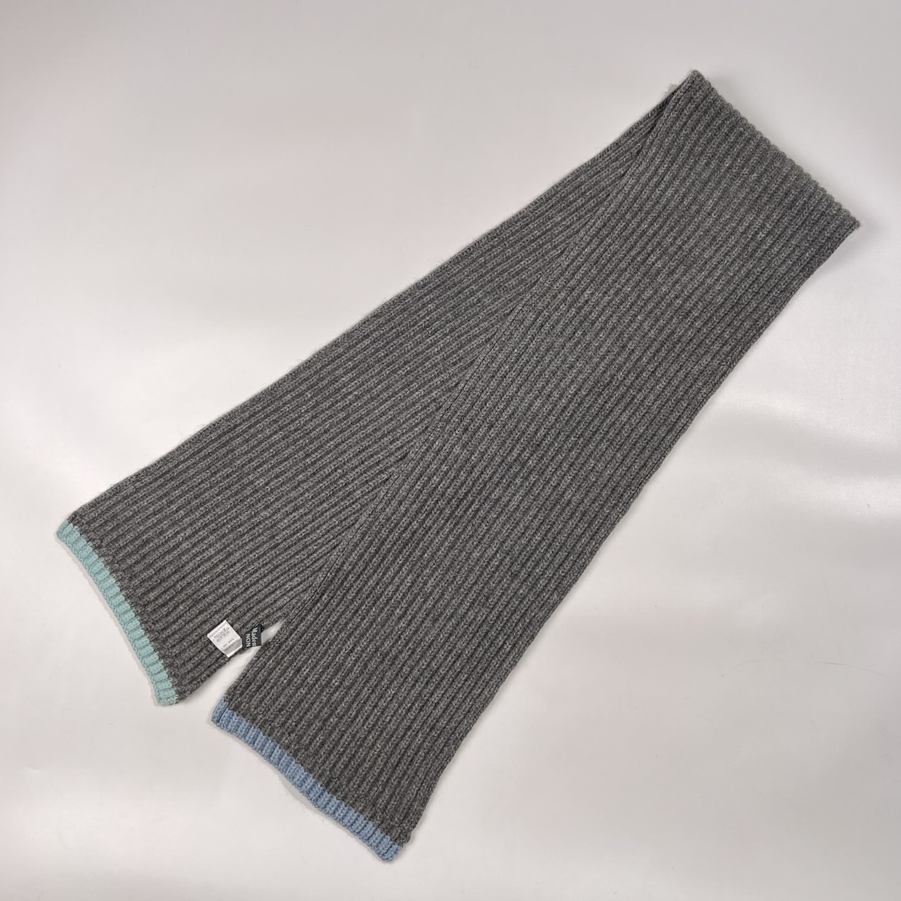 カシミヤ100% Mademoiselle NON NON マドモアゼルノンノン カラー入り ニット マフラー /グレー/日本製/パパス/水色×グレー