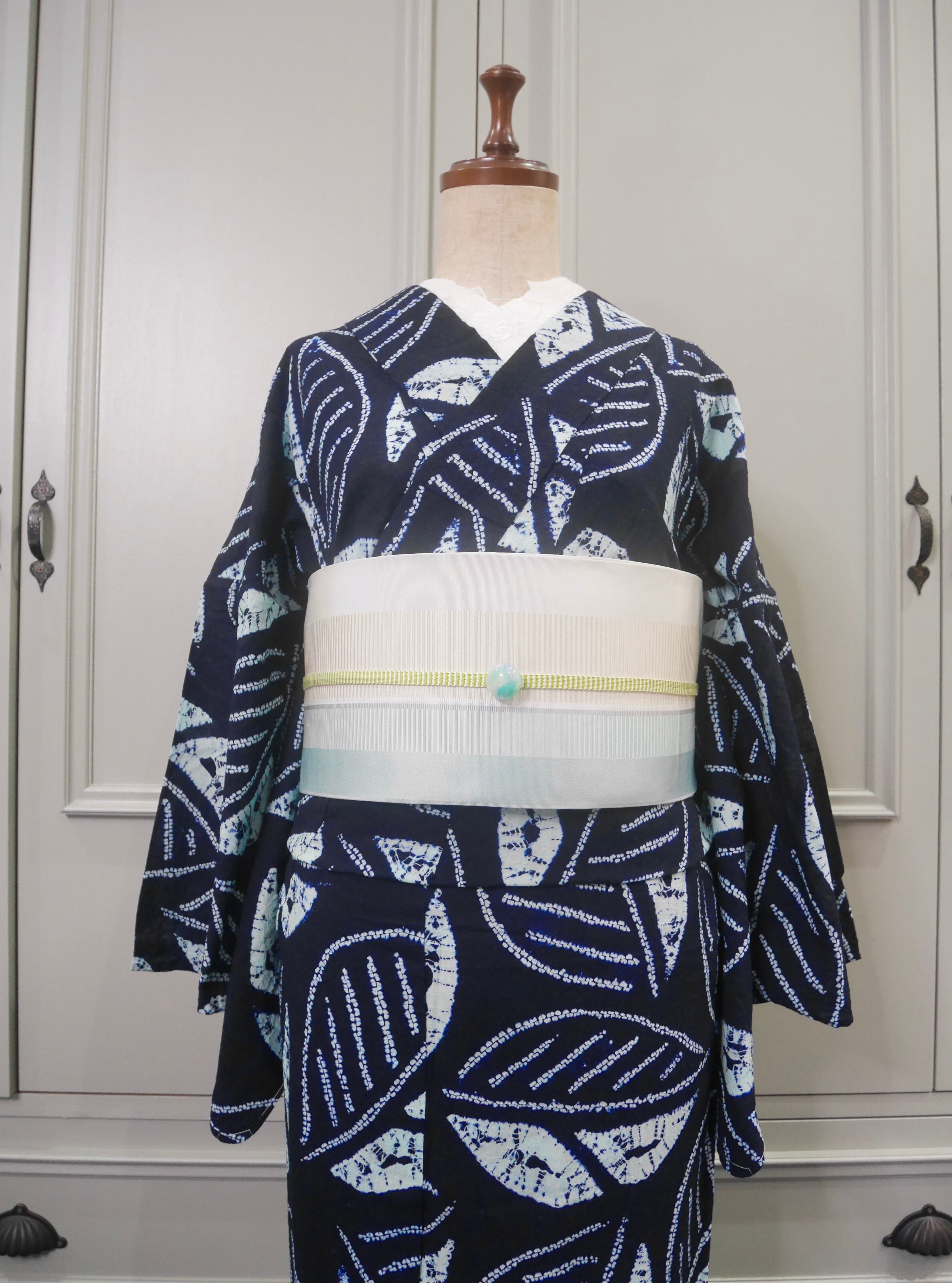 有松鳴海絞り浴衣＊藍色×ミントブルーリーフ 0374 | kimono tento