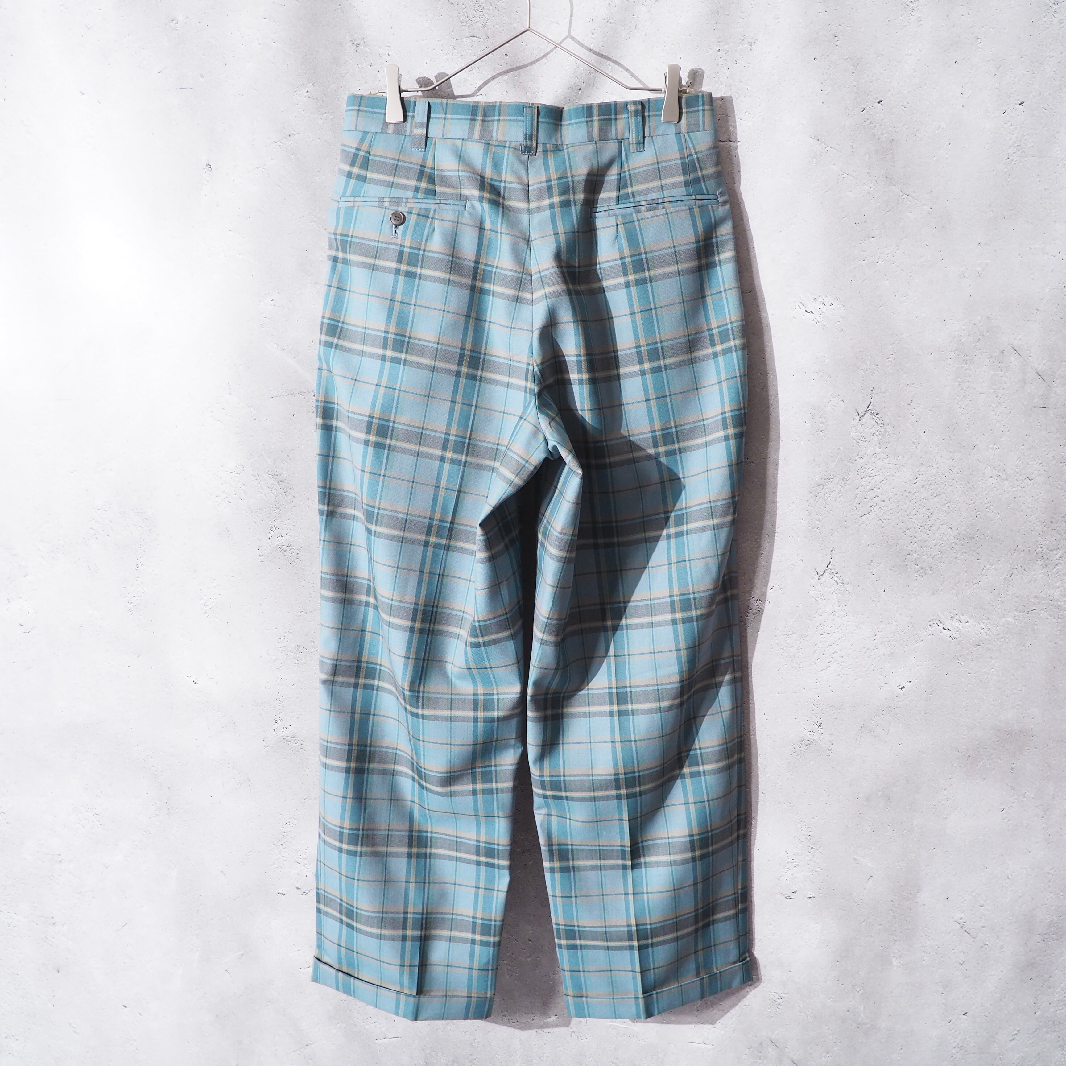 1990s Beautiful Ice Blue Check Color Vintage Loose Wide Slacks Pants
