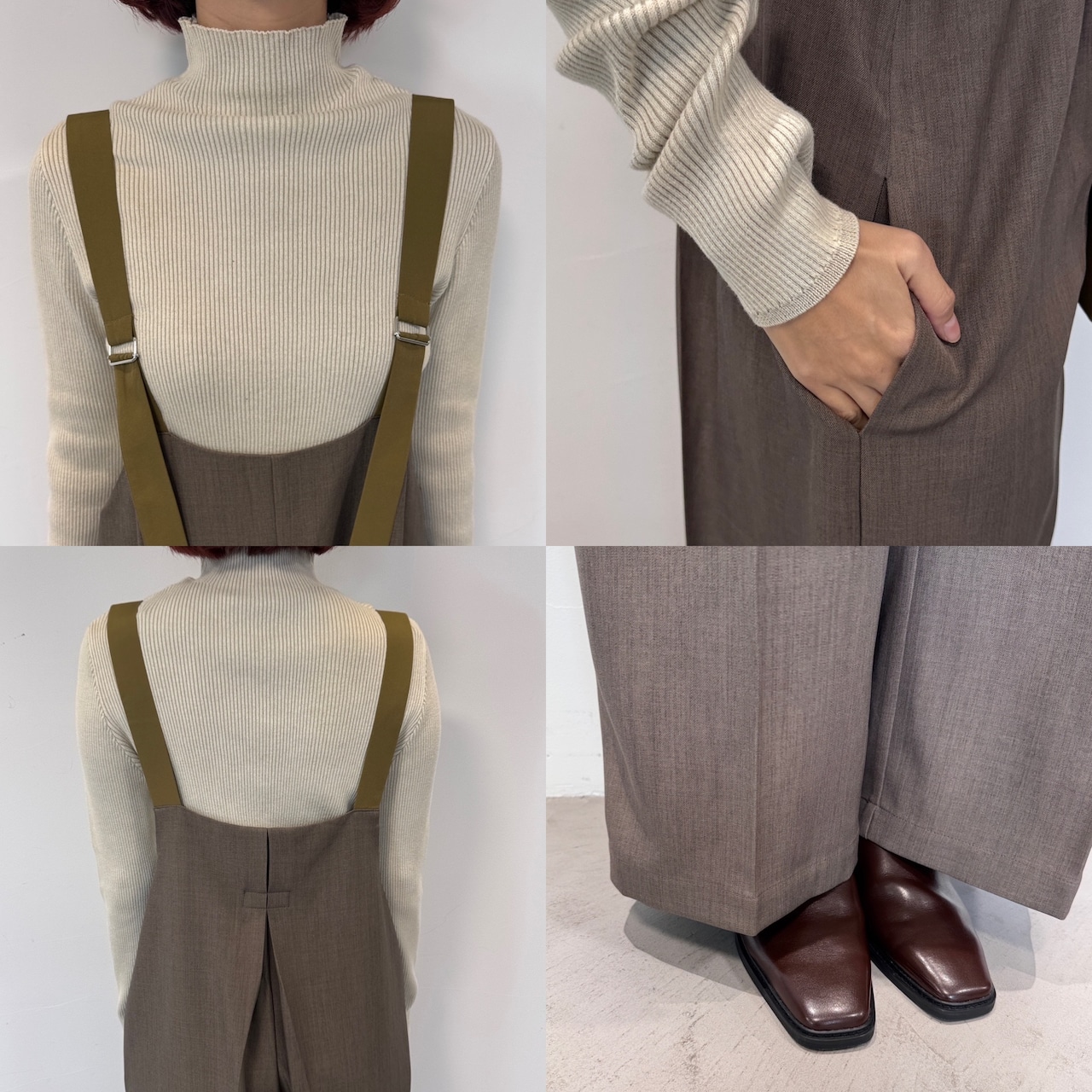 バックデザインタックサロペットPT/カーキブラウン