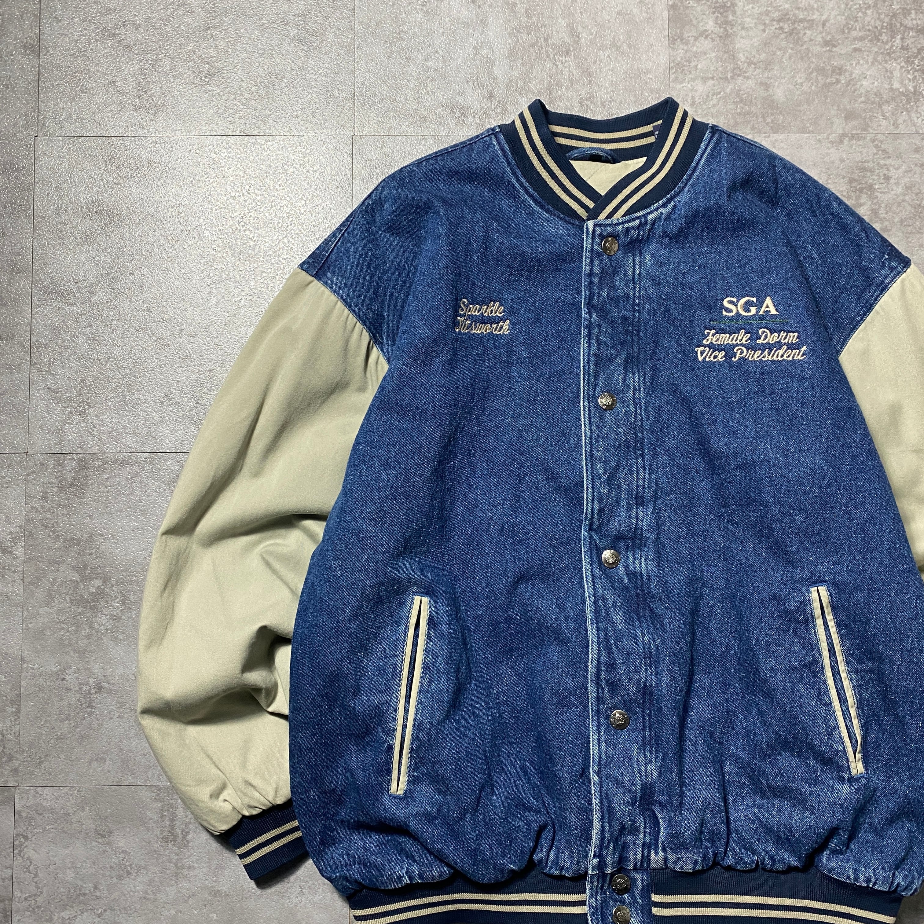 Size.XL】90's NORTH BAY ノースベイ 刺繍ロゴ ラインリブ 中綿 デニム