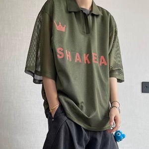 Vintage Army Green Letter Print Mesh Short Sleeve Polo Shirt (FD074)