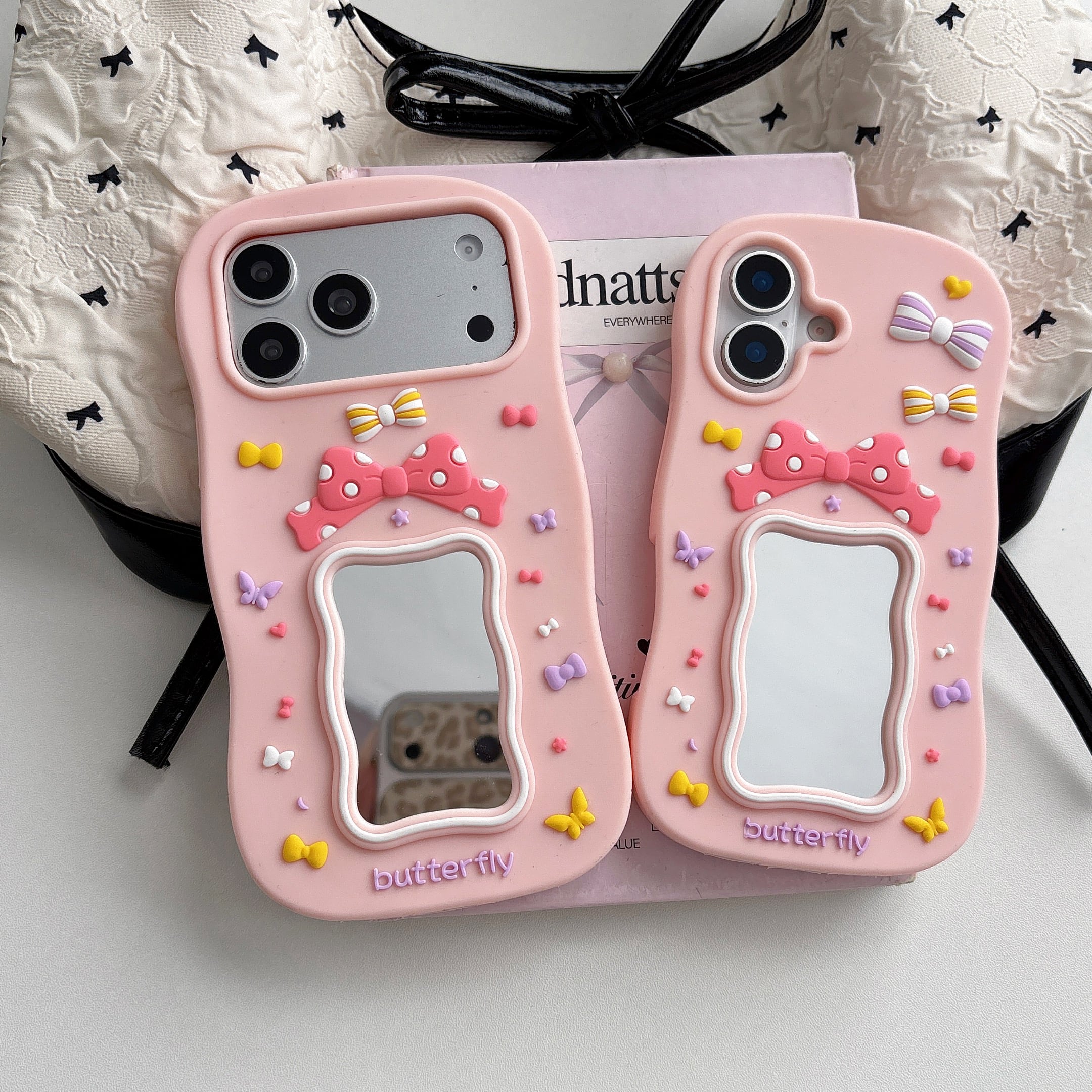 ミラー付き iPhone 17 16 15 14 13 ケース リボン 可愛い シリコン