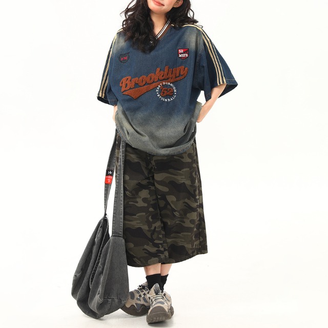 V-neck logo denim short sleeve tee　Vネックロゴデニム半袖ティー　J1186