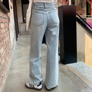 shell high waist wide straight denim pants J00008