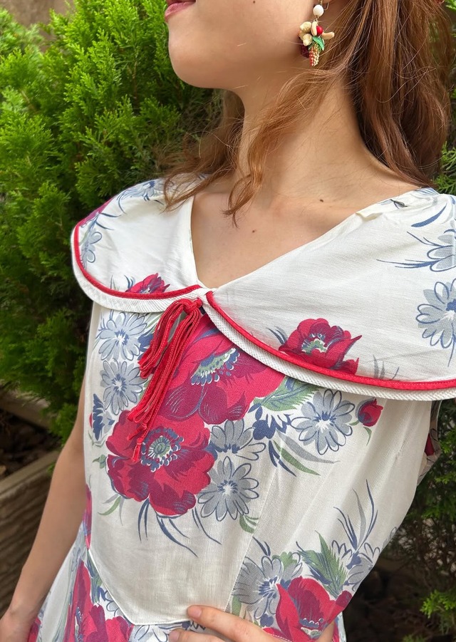 40’s 50’s flower print shawl collor ribbon dress