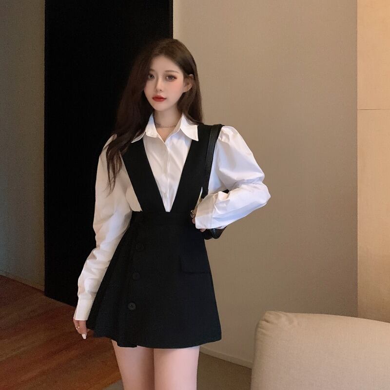 小さな男性の年齢削減ウエスタンスタイルのスーツ2020新しい女性の秋のサスペンダースカート長袖シャツツーピース ブラックストロベリース67076052559