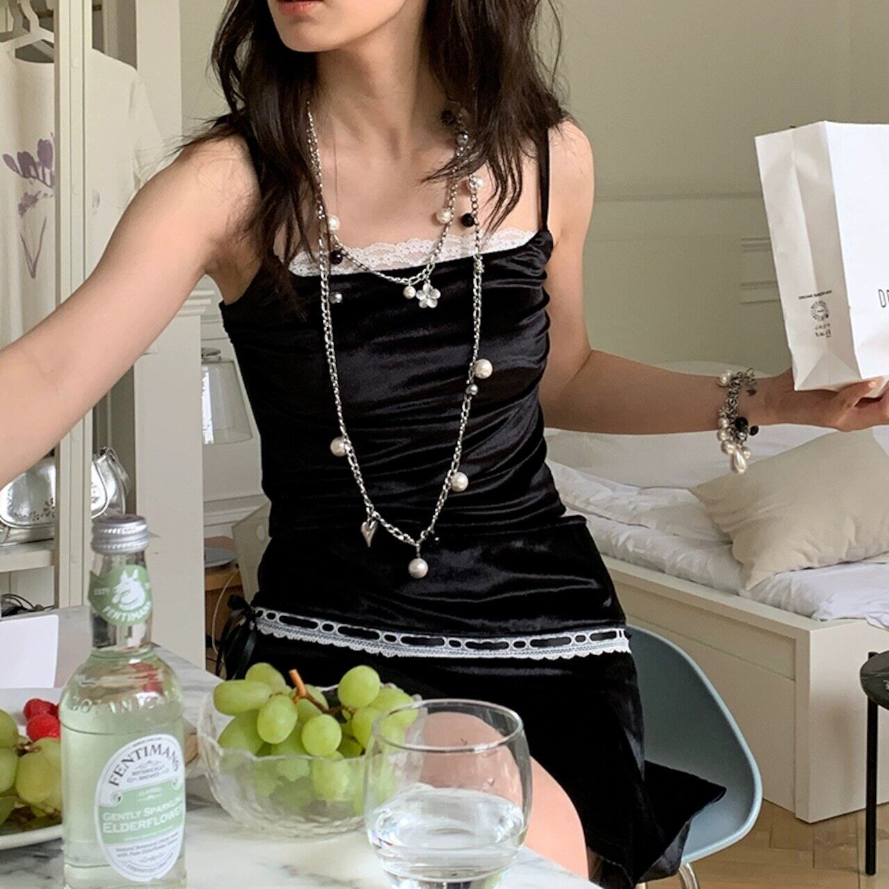 CRUZ黒白パール重ね付けネックレス 2s