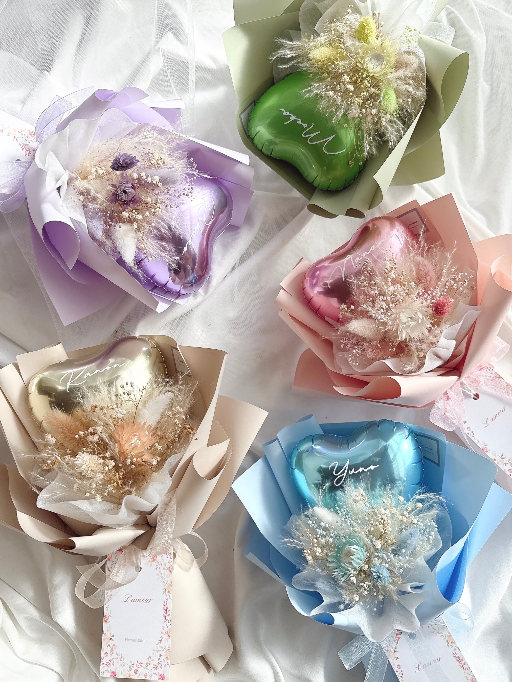 カラフルハートバルーンとドライフラワーのブーケ Ssize | L'amour