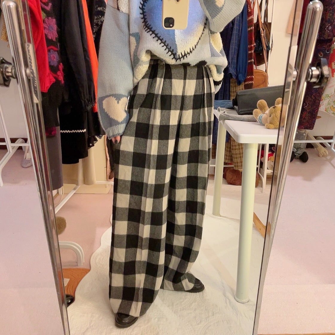 block check wool wide pants