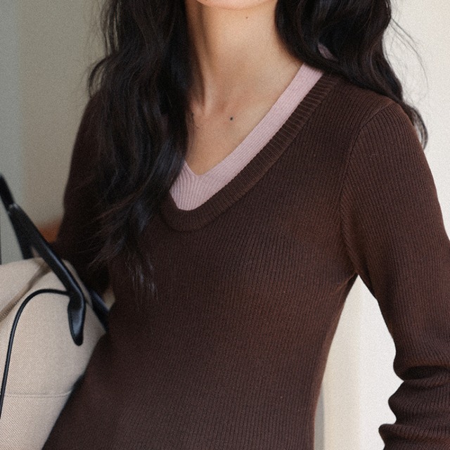 v-neck contrast rib knit　J00382