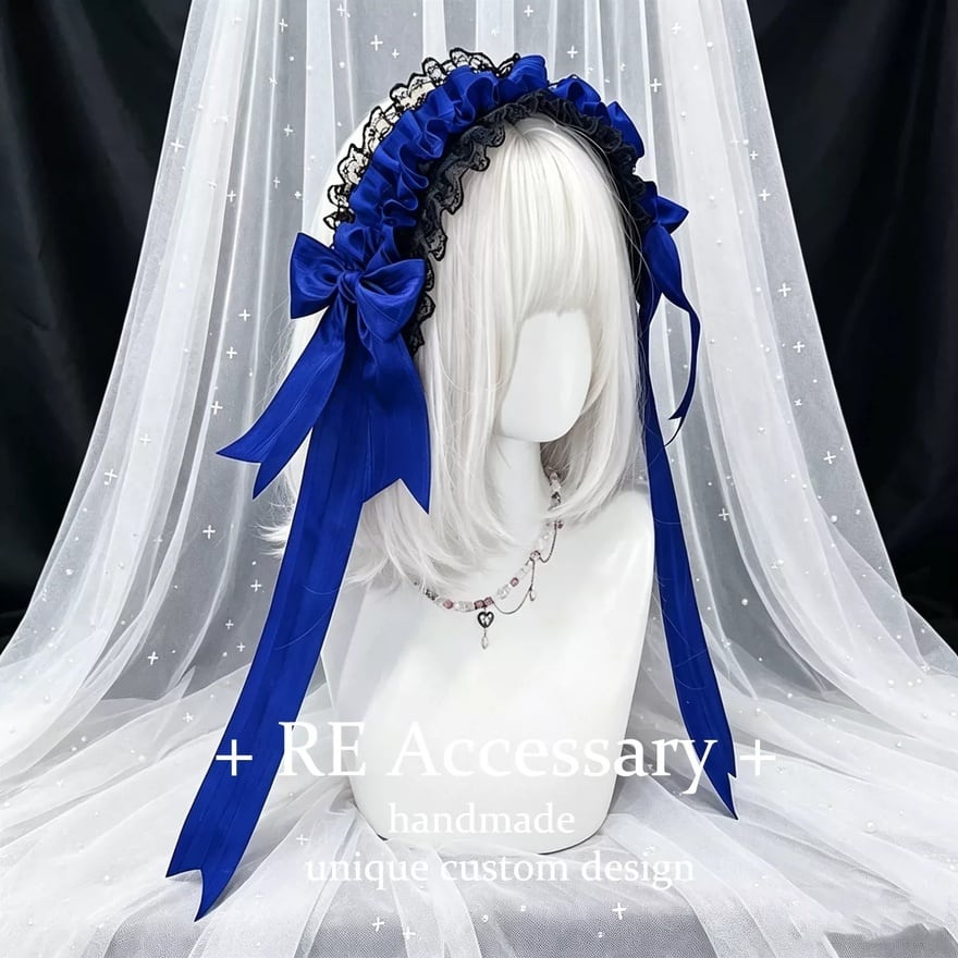 薄闇を彩る結び目 ロングリボン黒レースフリル甘ロリ系ヘッドドレス