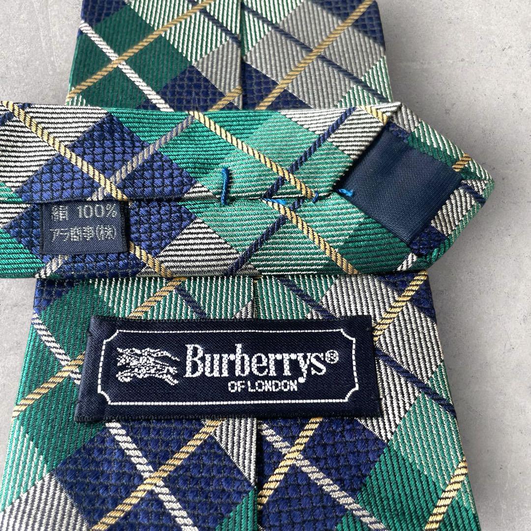 美品 Burberry バーバリー チェック柄 ホースマーク ネクタイ グリーン