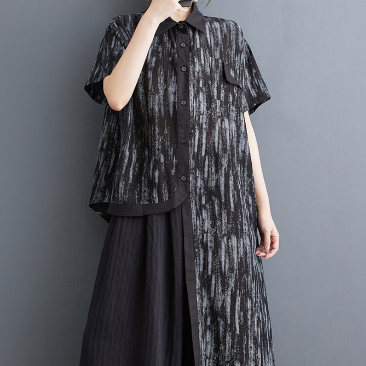 アシンメントリーヘム プリントシャツ  30018