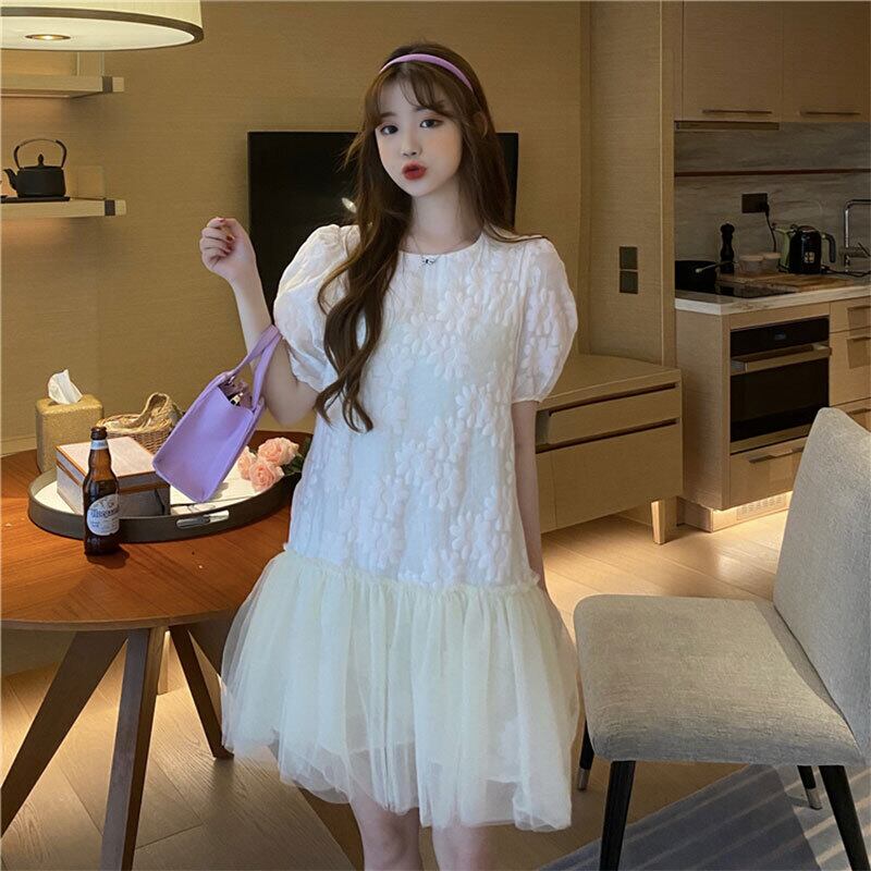 パターンメッシュドレス スプリングルーズスタイルスカート 大人ガーリー スウィート キュート カジュアル 春物 ステッチ 萌量不足77632292309