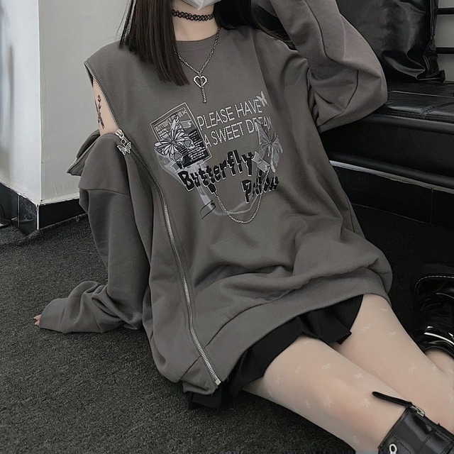 天使と悪魔 Crazygirl 長袖 スエット Butterfly 肩出し Zip 病み可愛い Jk 地雷系 量産型 オルチャン 10代 代 天使と悪魔 サブカル系ファッション Seasonz