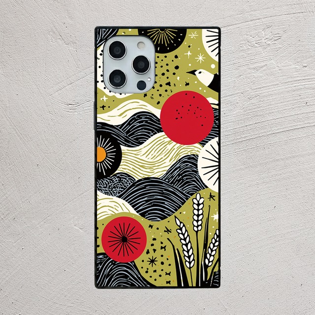 受注生産 iPhoneケース 赤い太陽と青い波の民芸柄｜波モチーフ FMSY078C