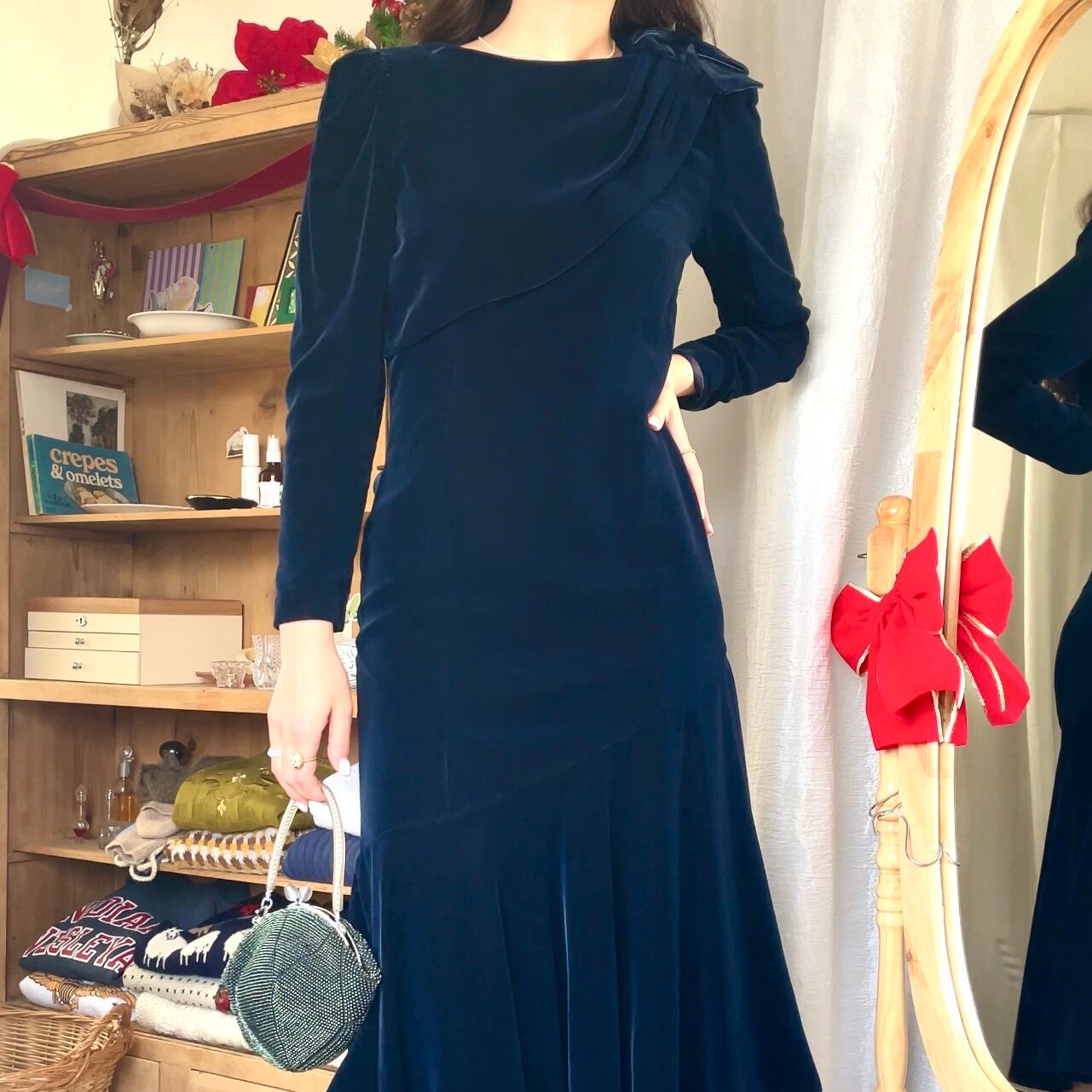 ベロアドレス リボン付 ブルー