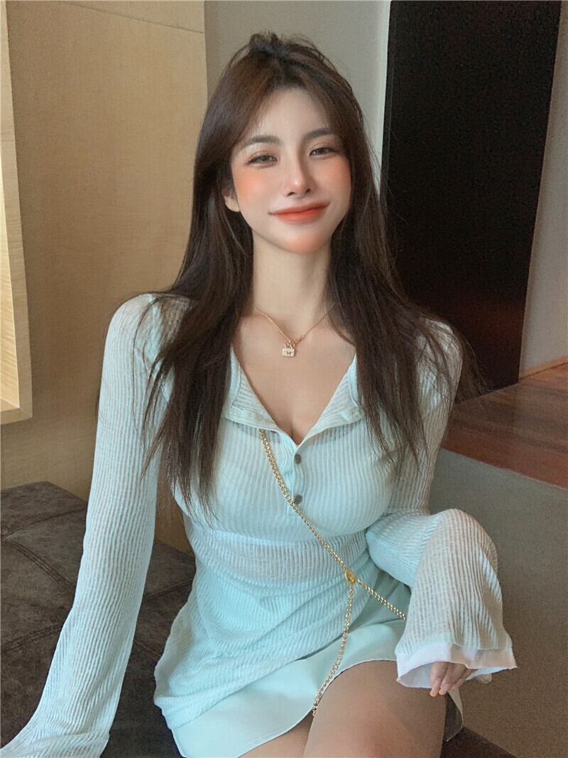 薄手ニットブラウス オータムブループルオーバー スリム ロング 秋物 ブラックストロベリース52497430218