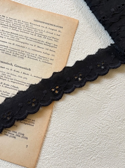 フランスVintage レース 幅約23mm フラワー スカラップ 50cm/単位 ブラック デコレーション カルトナージュ コラージュ