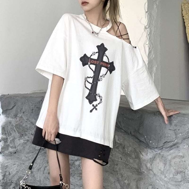 サブカル 服 地雷系 通販 ゴスロリ Tシャツ ワンショル 鎖十字架 クラッシュ加工 闇かわいい ハードガール パンク ゴシック ロリータ