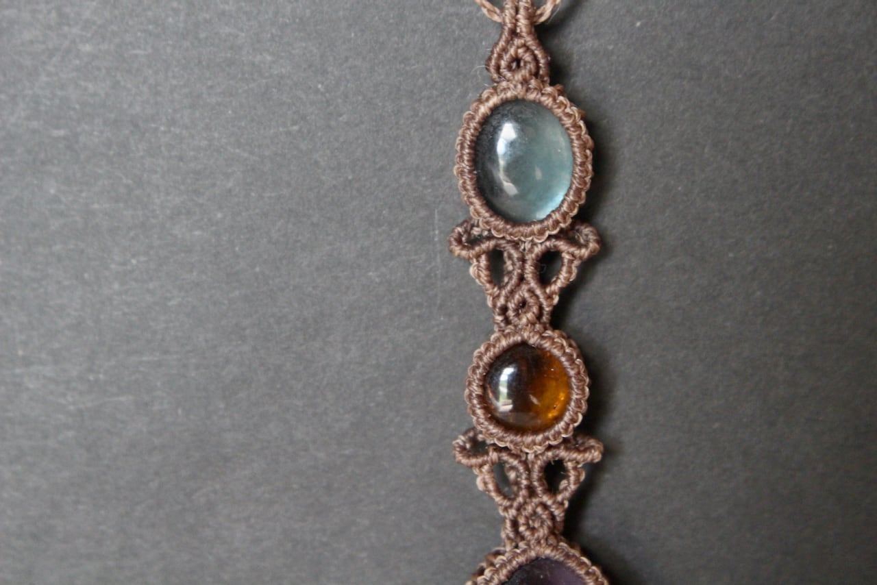 Trapiche amethyst & Green Fluorite & Citrin micro macrame pendant