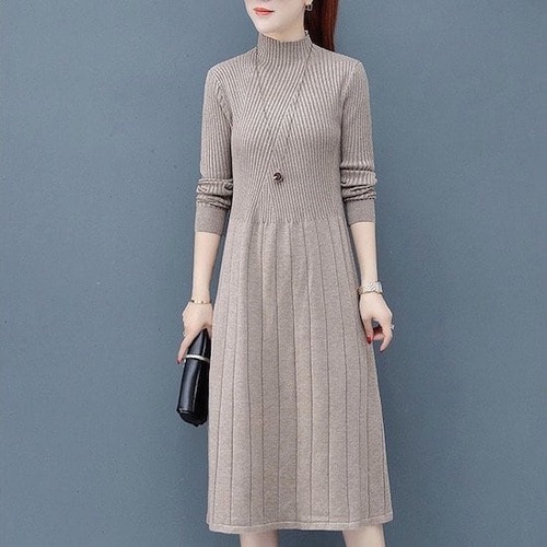 ワンピース ミドル丈 ニット 長袖 無地 シンプル シック スタンドカラー プルオーバー Aラインスカート ハイウエスト 春 秋 冬 レトロ ベージュ ブラック ブラウン 20代 30代 レディース