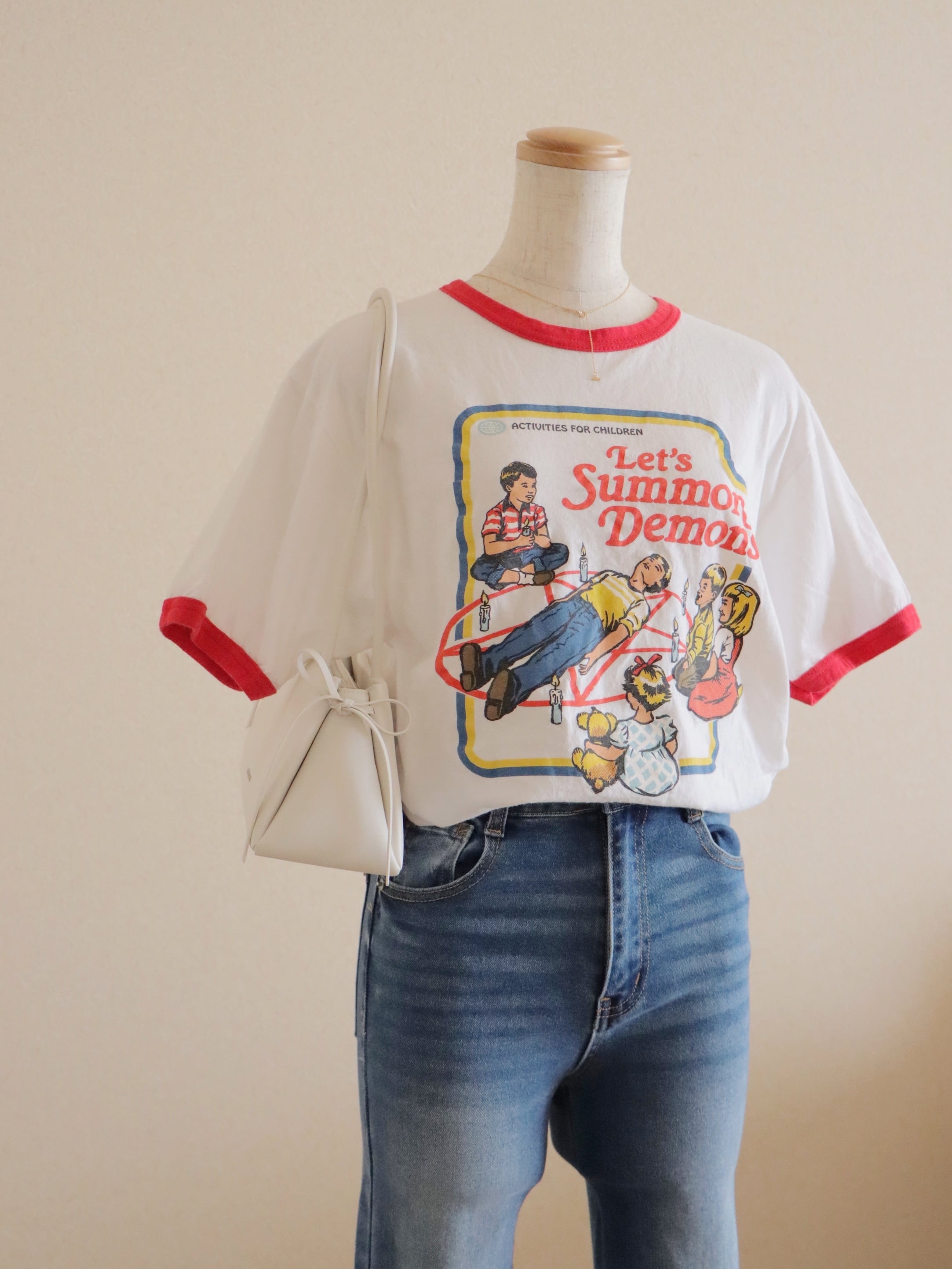 ●90-00s red color print design ringer T shirt