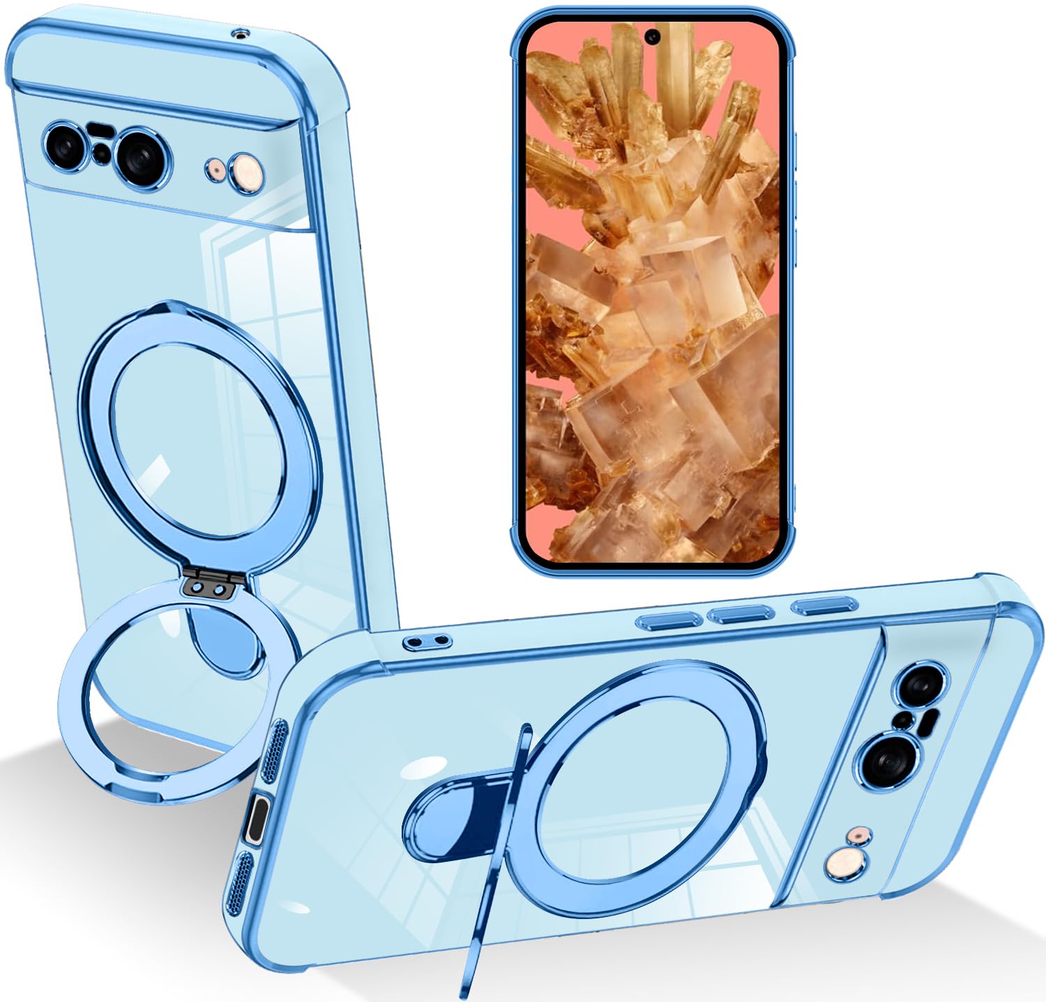 Google Pixel 8 ケース MagSafe対応 リング スタンド機能 縦横両対応 ワイヤレス充電 レンズ保護 耐衝撃 携帯カバー グーグル ピクセル8 カバー マグネット搭載 車載ホルダー マグセーフ対応 おしゃれ スリムケース ソフト シンプル(ブルー)