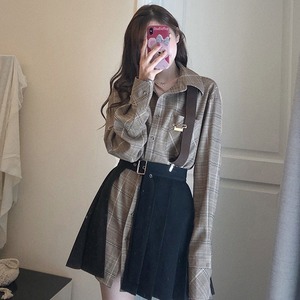 トレンド チェックシャツ+スカート セットアップ ミニ ミニ丈 袖あり 長袖 襟付き フレア 2点セット お得 かわいい カジュアル おしゃれ お洒落 かっこいい ラブリー キュート ガーリー 個性的 茶色 ブラウン 秋 冬 チェック柄 20代 10代 学生 通学 デート 女子会 休日 お出かけ 着回し 普段使い 重ね着 韓国 韓国系 オルチャン コーデ 美脚 脚長 トレンド 流行
