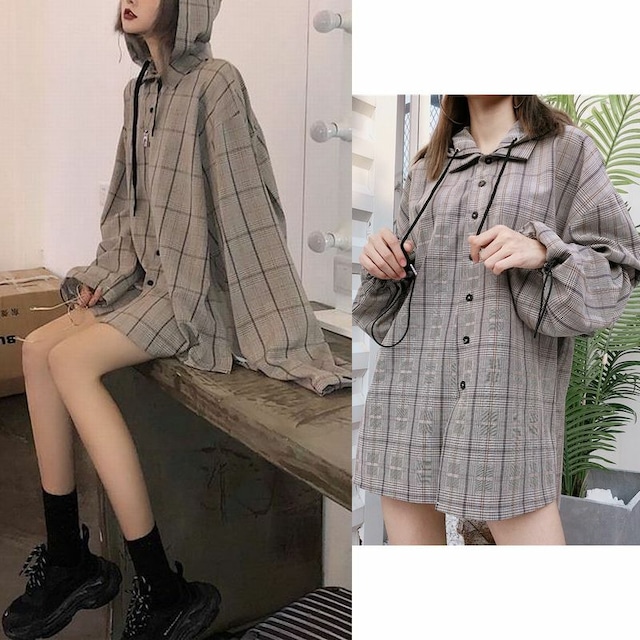 メンズ/レディース ユニセックス チェックパーカーロングコート フード シャツ チェック柄 ジャケット / Retro lattice hooded cardigan jacket men and women (DCT-578764920446)