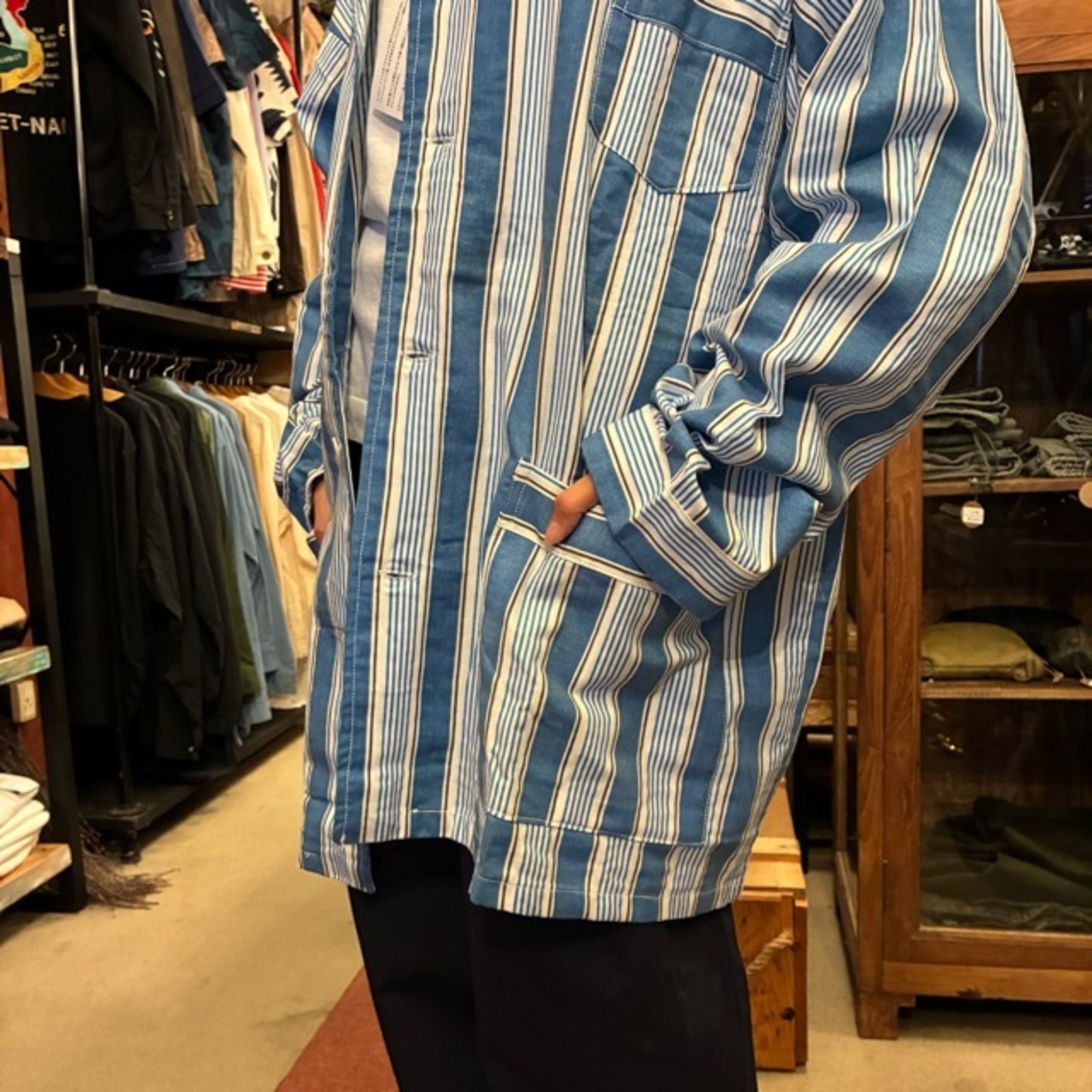 Poland Sleeping suit  Stripe L/S Blue　ポーランド　スリーピングスーツ　ブルー　ロングスリーブ　ブルー　60年代　70年代　デッドストック　ミリタリー　パジャマ　セットアップ　シャツ　パンツ