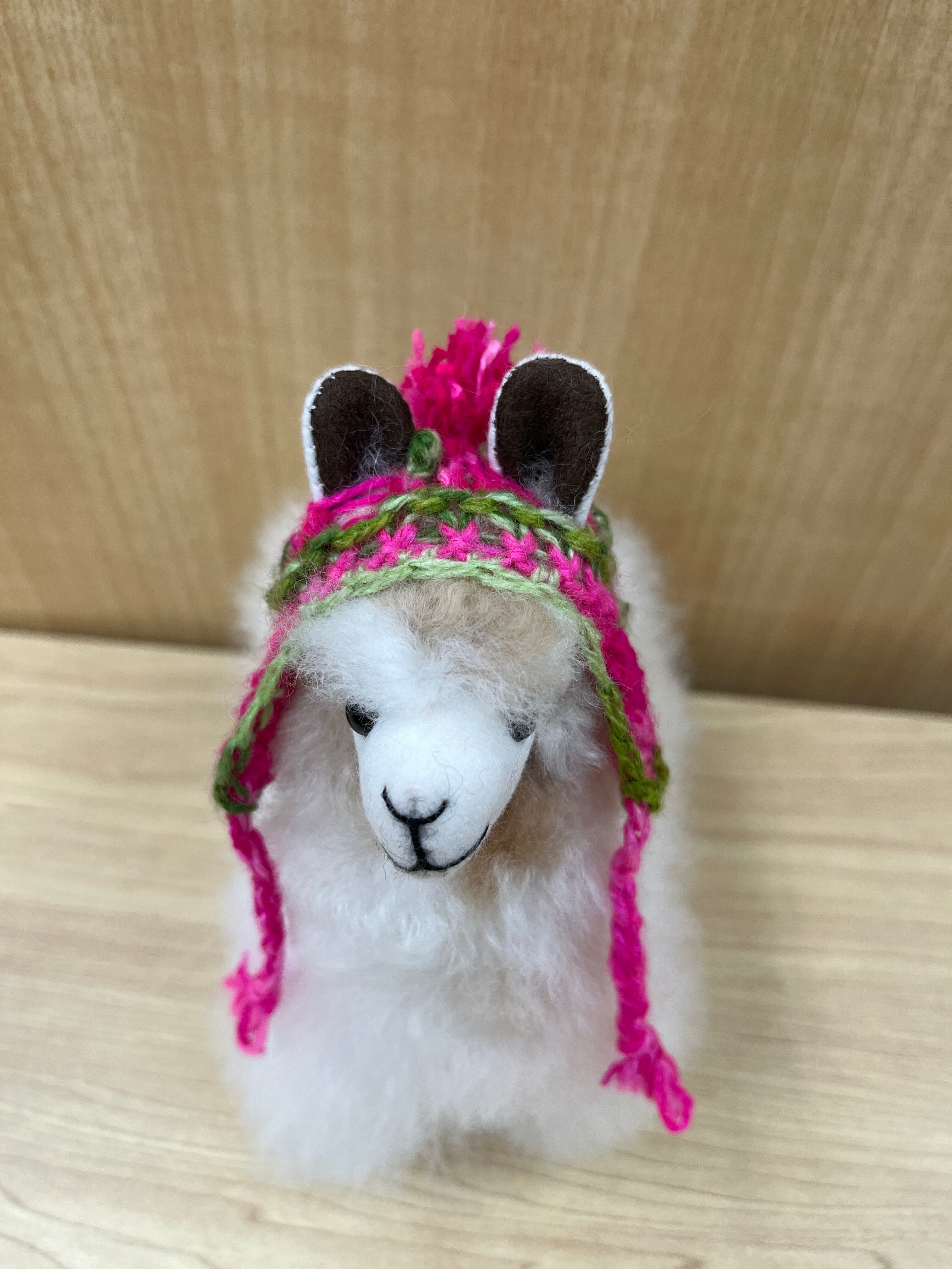 帽子付アルパカ人形 白ミックス ピンク帽子 | ALPACA WORLD