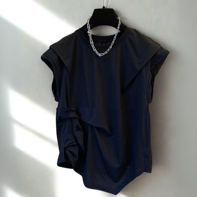 Asymmetrical gather french sleeve tee 2 colors　V2447