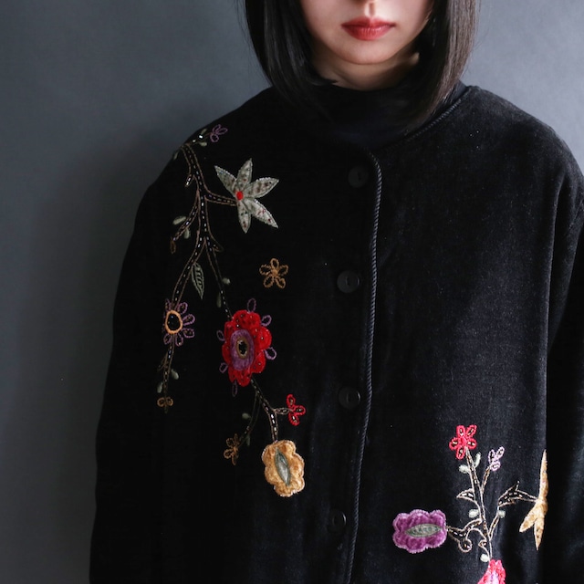 flower embroidery no-collar mode jacket