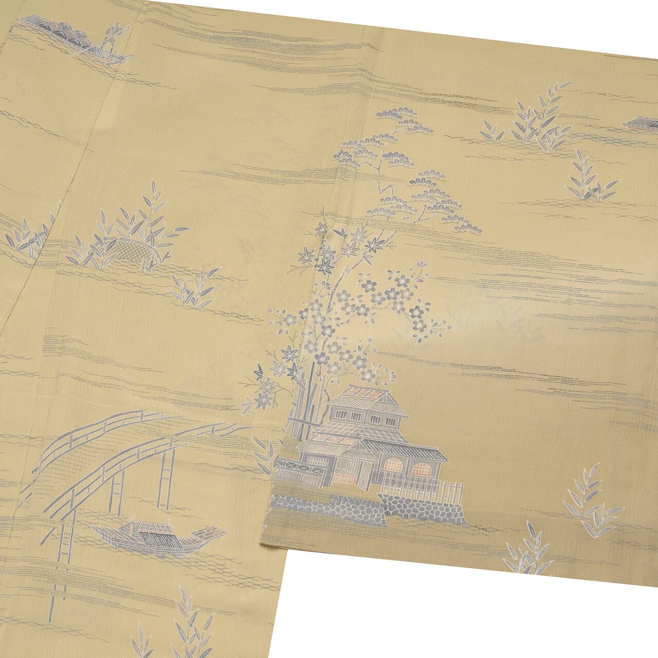 茶屋辻模様 手描友禅 絹ちぢみ単衣着物【中古】 | かわの屋