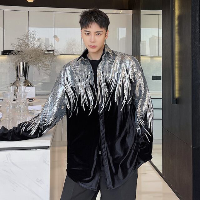 【予約販売】シャツ 長袖 スパンコール メンズ 光沢 ブラック 派手 パーティー 結婚式 フォーマル こなれ感 お洒落 韓国 トレンド 春 秋 夏 M/L/XL