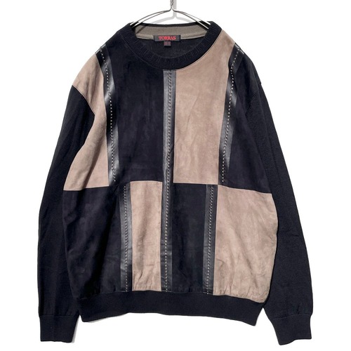 [TORRAS - Made In Spain] Vintage Faux Suede x Knit Crew Neck Knit [1980s-] Vintage Crew-Neck Knit