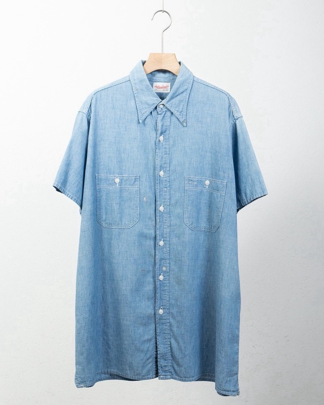 vintage cotton chambray short sleeve shirt / SIZE: 16-16 1/2