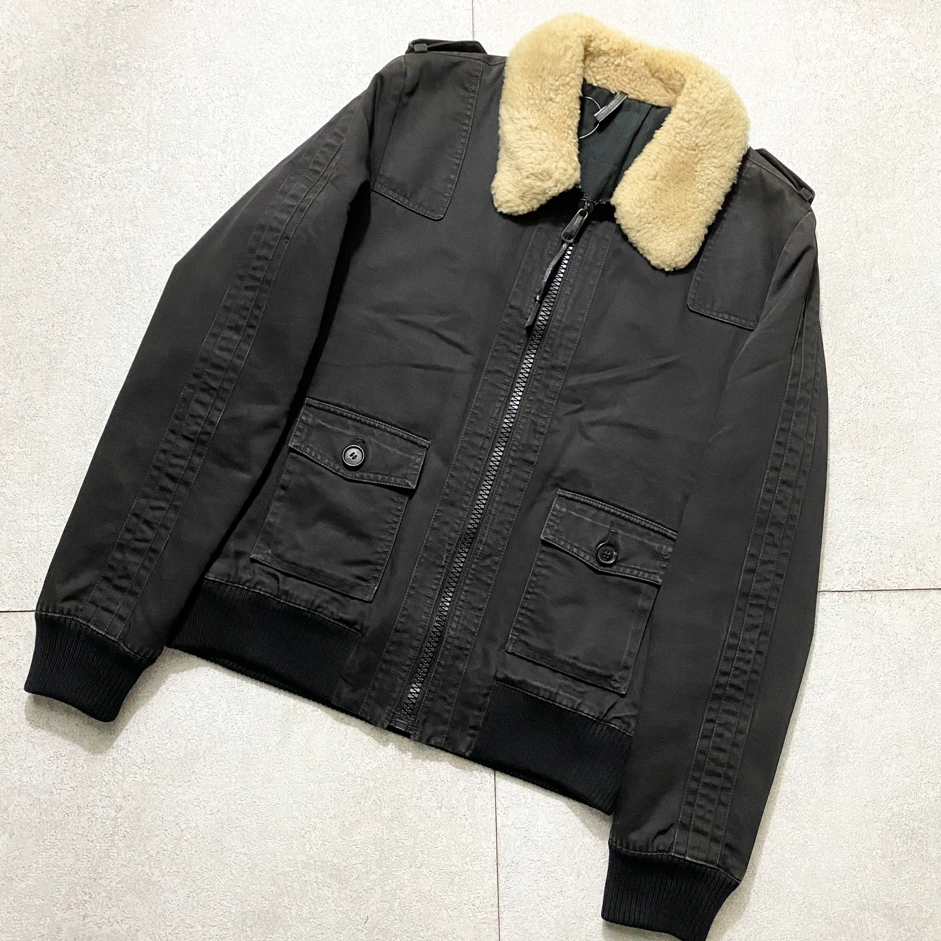 2005AW DIOR HOMME black cotton riders jacket with boa collar 