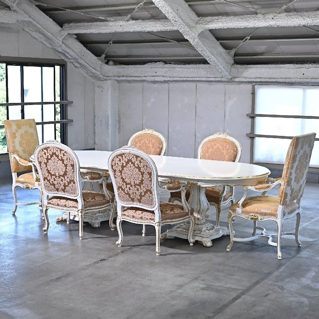 【引取限定】イタリア製 ロココ調 ダイニング 7点セット テーブル チェア リビング レストラン 猫足 店舗 サロン【中古家具/中古インテリア/USED家具ユーズド家具/リサイクル】