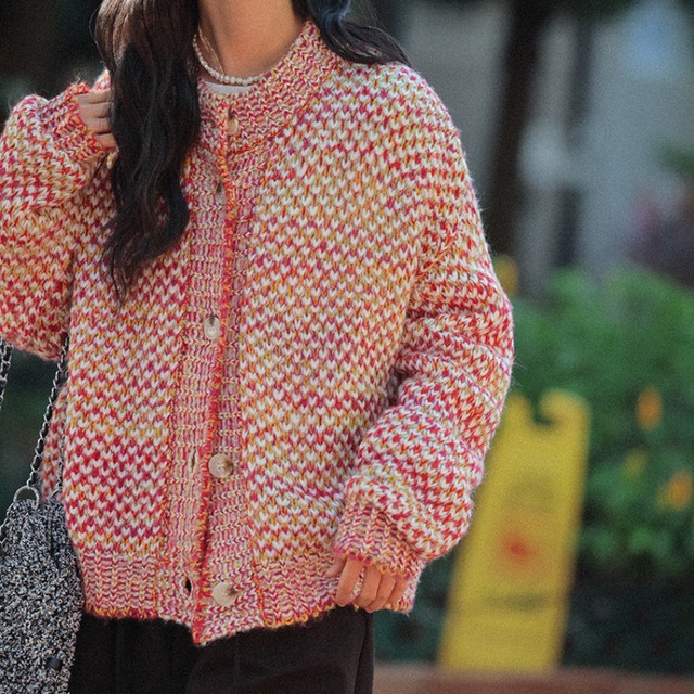 colorful contrast knit cardigan　J00237