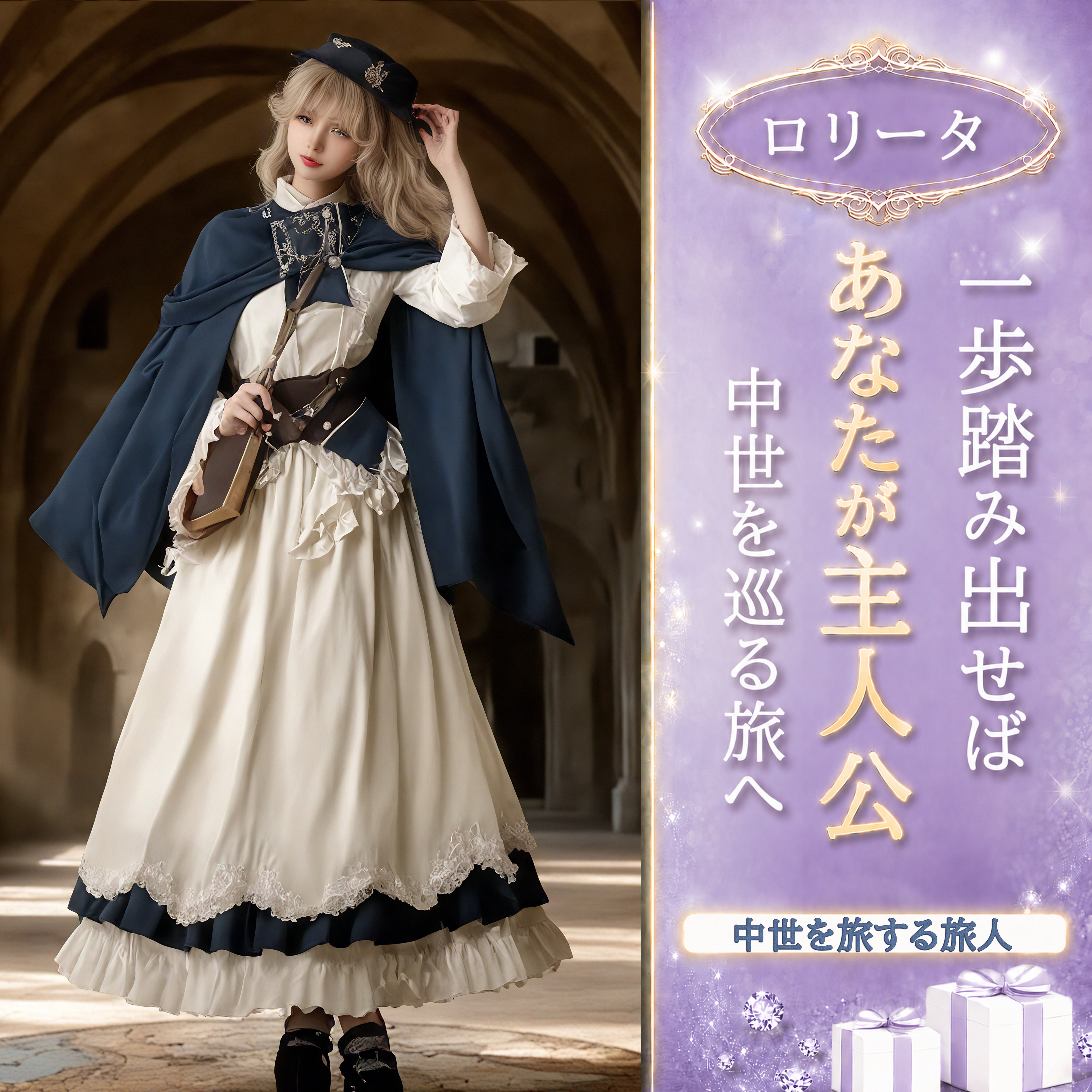 〔ロリータ〕ネイビーマント付き クラシカルロリータワンピースセット|アンティーク刺繍ロングドレス