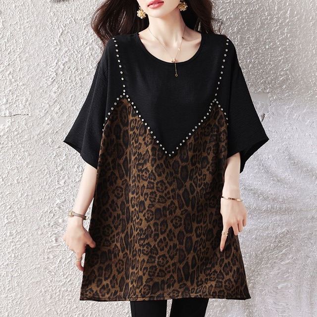 LEOPARD PRINT STUDDED MID-LENGTH T-SHIRT M-17864