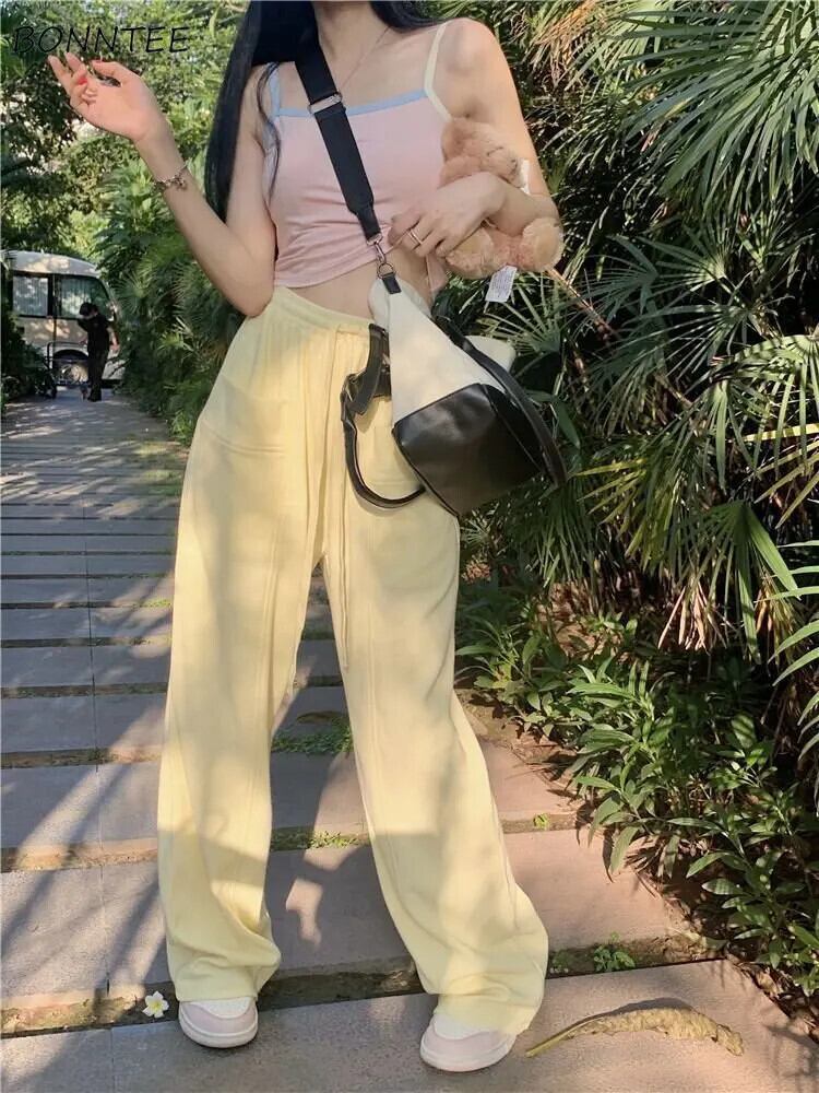 【新作】【送料無料】 ワイドレッグパンツ女性のための黄色の春夏のズボンエレガントな巾着カレッジユースパンタロンデ Mujer 韓国ファッションルーズ 0216286162960