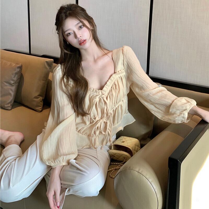 シフォンシャツ サマー薄手ショートスタンダードトップス ロング レトロ 夏物 ガールズファッション77464876353