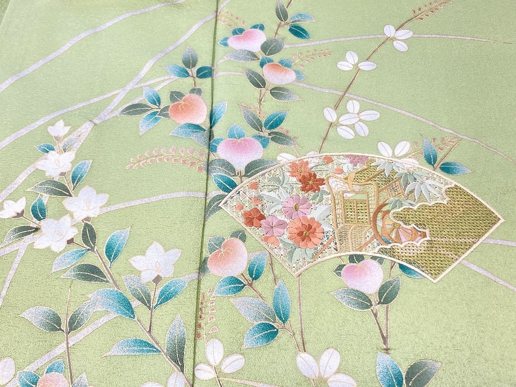 汕頭刺繍 金彩友禅 美品 花柄 秋草 菊 橘 スワトウ 訪問着 正絹 黄緑 1061