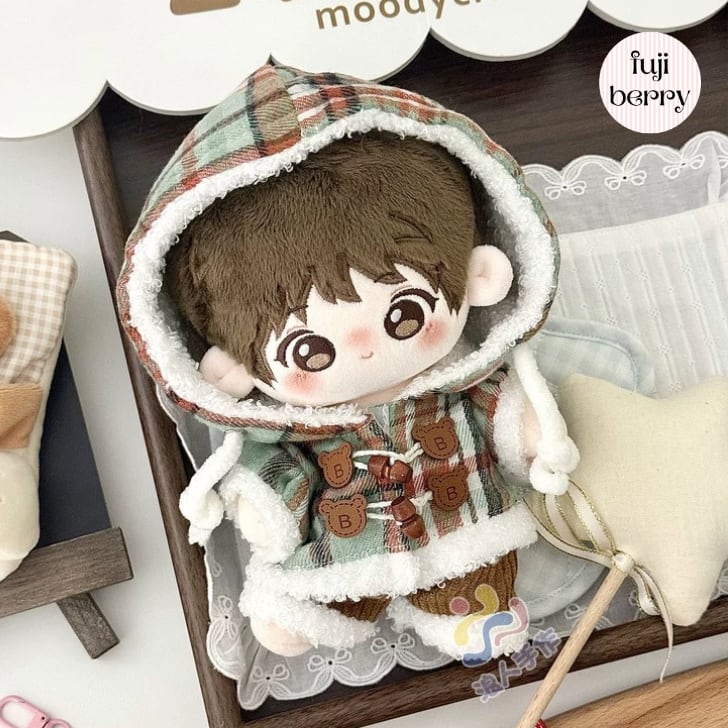 【20cmぬい服】たっぷりフードチェックコートのコーデ 着せ替えぬいぐるみ 棉花娃娃用お洋服|fuji berry