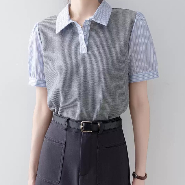 グレーベストレイヤード風ストライプシャツ U0533